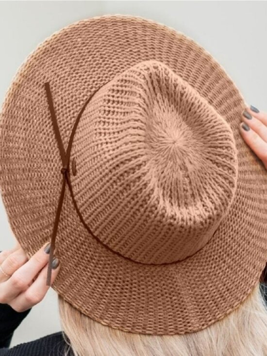 C.C Fedora Knitted Hat - Natural Beige with Dark leather Band. Adjustable - Picture 3 of 8